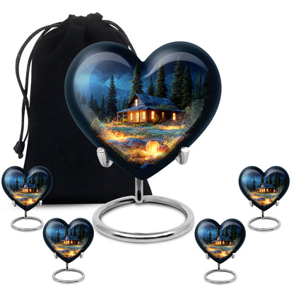 Royal Blue Halloween Cremation Urn close-up of engraving and surface detail - romantic heart urn with halloween motif on aluminum - memorial set with one large and four small urns