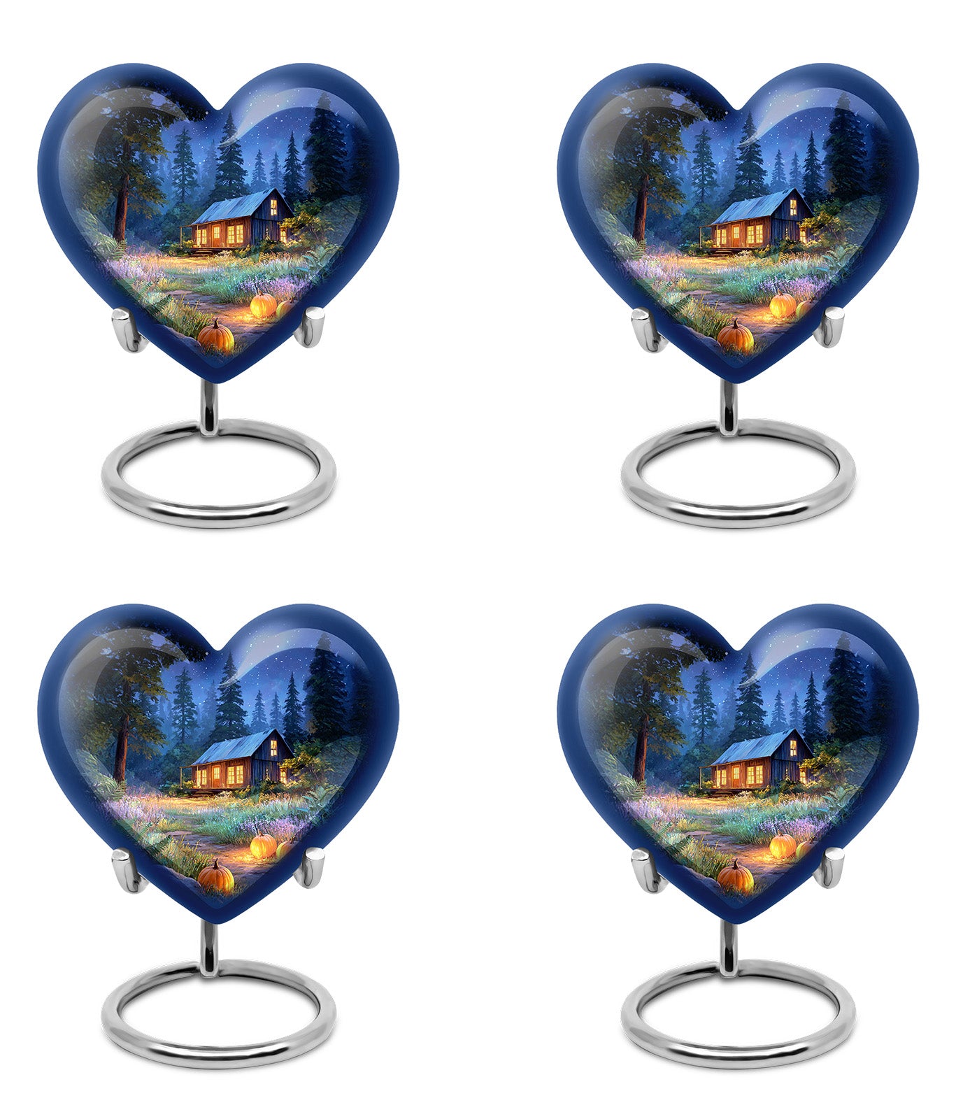 Soft Blue Halloween Cremation Urn angled view of lid and engraved motif - romantic heart urn with halloween motif on aluminum - 10 inch aluminum urn for cremated remains
