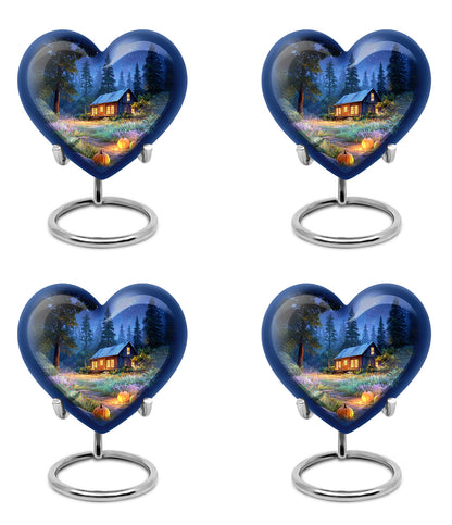 Soft Blue Halloween Cremation Urn angled view of lid and engraved motif - romantic heart urn with halloween motif on aluminum - 10 inch aluminum urn for cremated remains