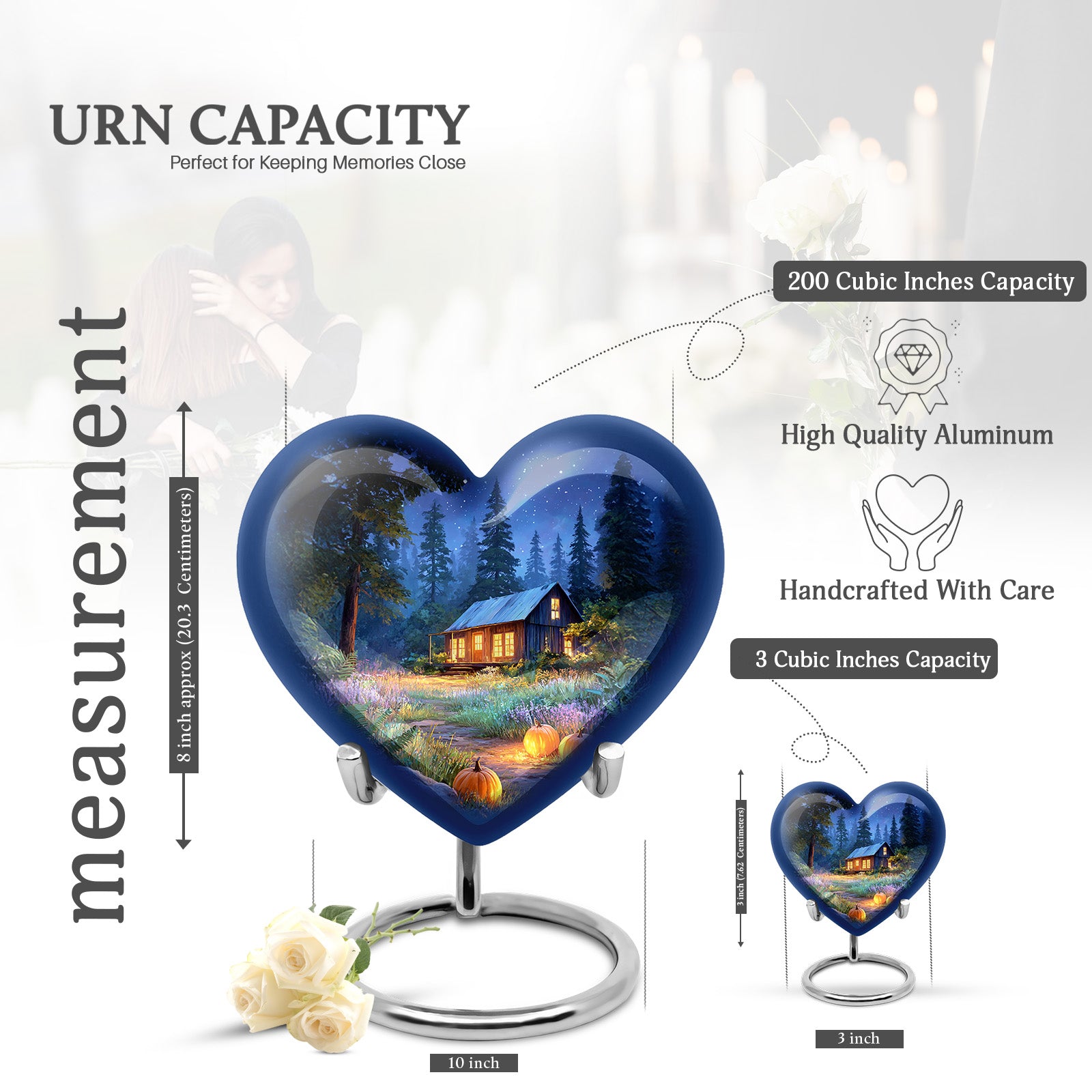 Celestial Blue Halloween Cremation Urn front view showing detailed design - loving heart memorial featuring halloween pattern - mini keepsake memorial for portion of cremation ashes
