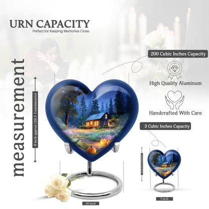 Celestial Blue Halloween Cremation Urn front view showing detailed design - loving heart memorial featuring halloween pattern - mini keepsake memorial for portion of cremation ashes
