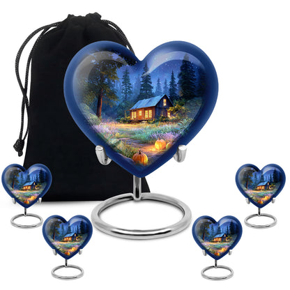 Calming Blue Halloween Cremation Urn close-up of engraving and surface detail - compassionate heart-halloween combination with gentle curves - memorial set with one large and four small urns