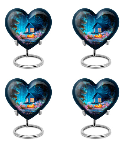 Serene Blue Halloween Cremation Urn angled view of lid and engraved motif - compassionate heart-halloween combination with gentle curves - 10 inch aluminum urn for cremated remains