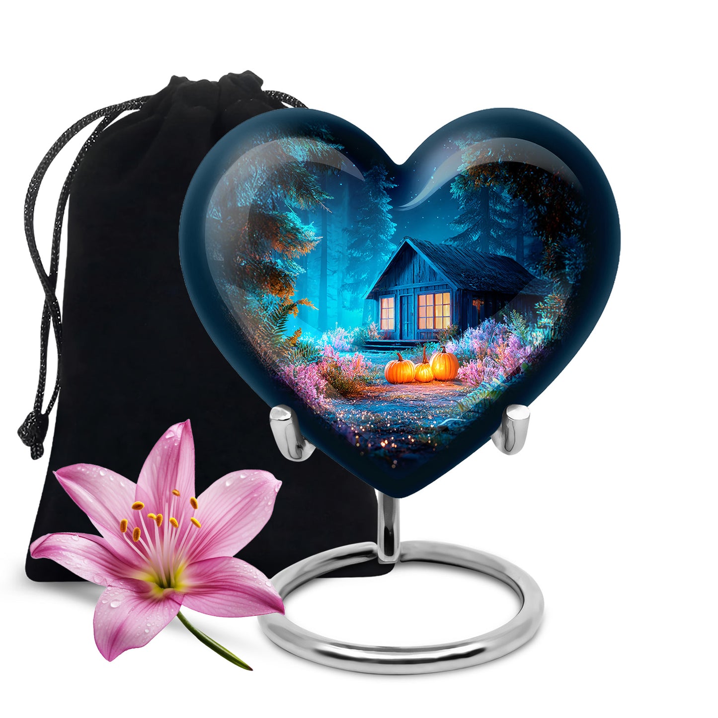 Cornflower Blue Halloween Cremation Urn detail view - compassionate heart-halloween combination with gentle curves - full-size 10 inch 200 cubic inch adult cremation urn