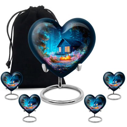 Navy Blue Halloween Cremation Urn close-up of engraving and surface detail - heart-shaped halloween design symbolizing eternal love - memorial set with one large and four small urns