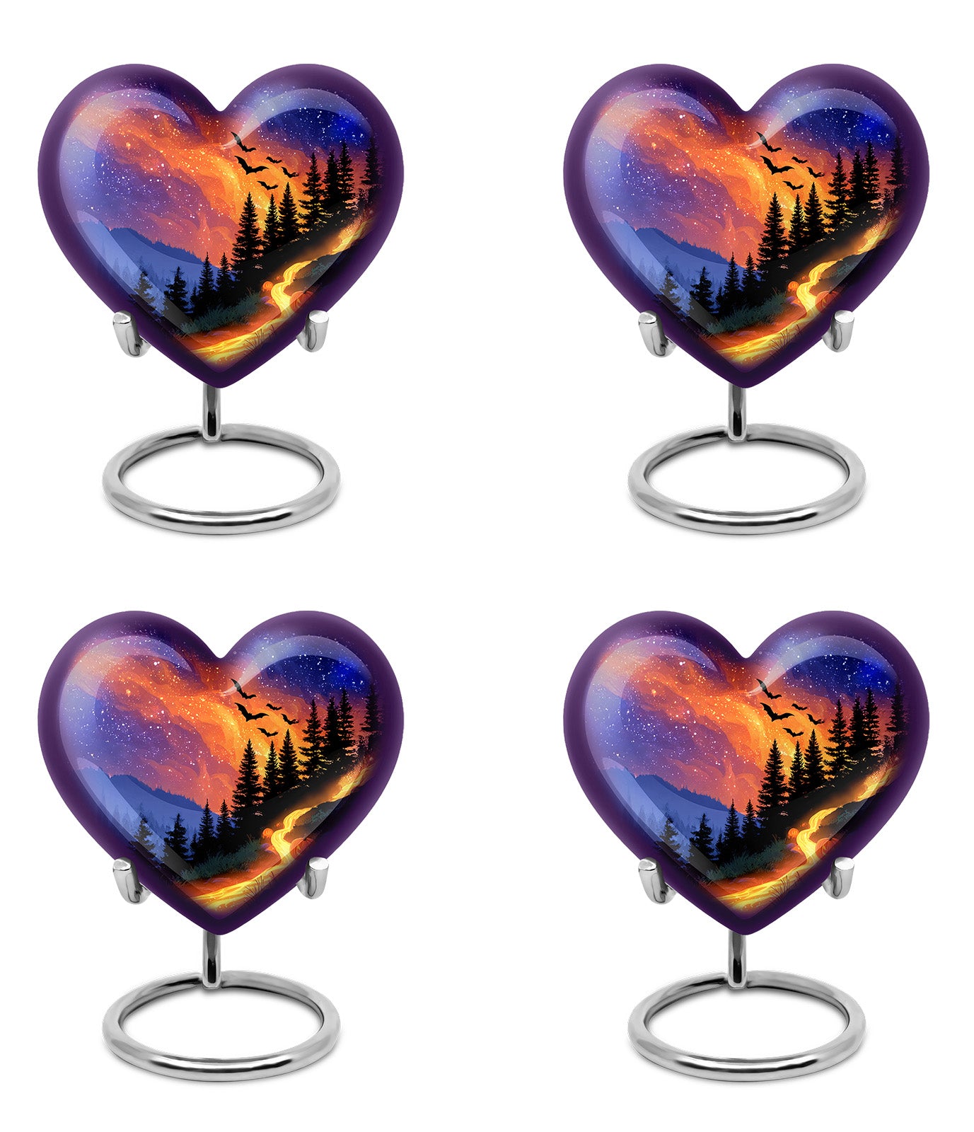 Soft Blue Halloween Cremation Urn angled view of lid and engraved motif - romantic heart urn with halloween motif on aluminum - 10 inch aluminum urn for cremated remains