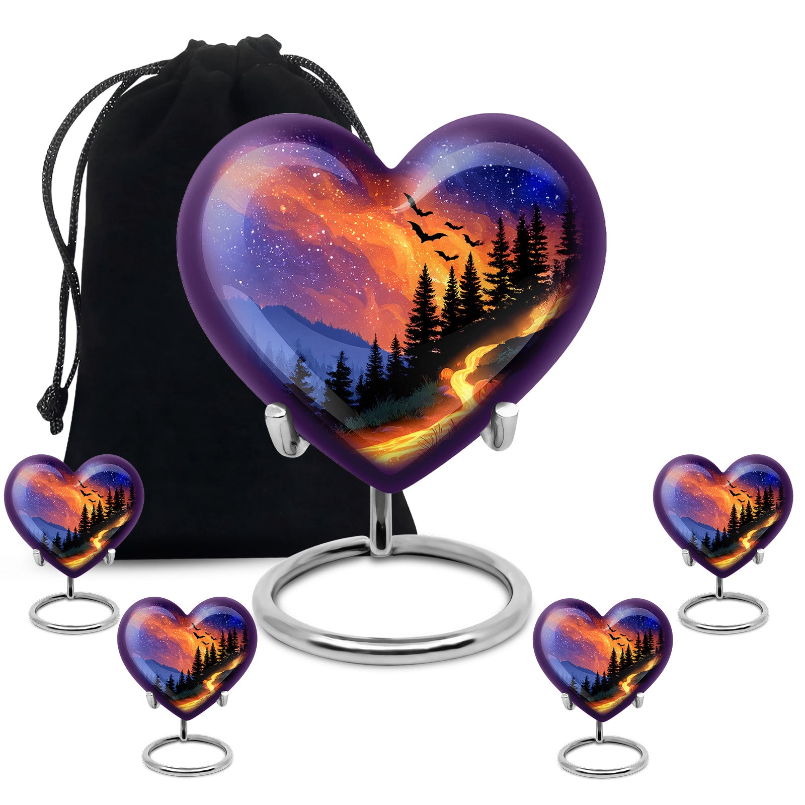 Sapphire Blue Halloween Cremation Urn close-up of engraving and surface detail - compassionate heart-halloween combination with gentle curves - memorial set with one large and four small urns