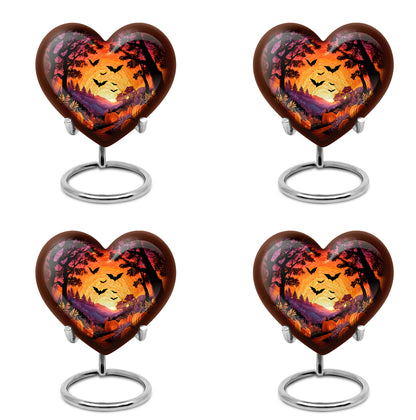 Dark Black Halloween Cremation Urn angled view of lid and engraved motif - romantic heart urn with halloween motif on aluminum - 10 inch aluminum urn for cremated remains