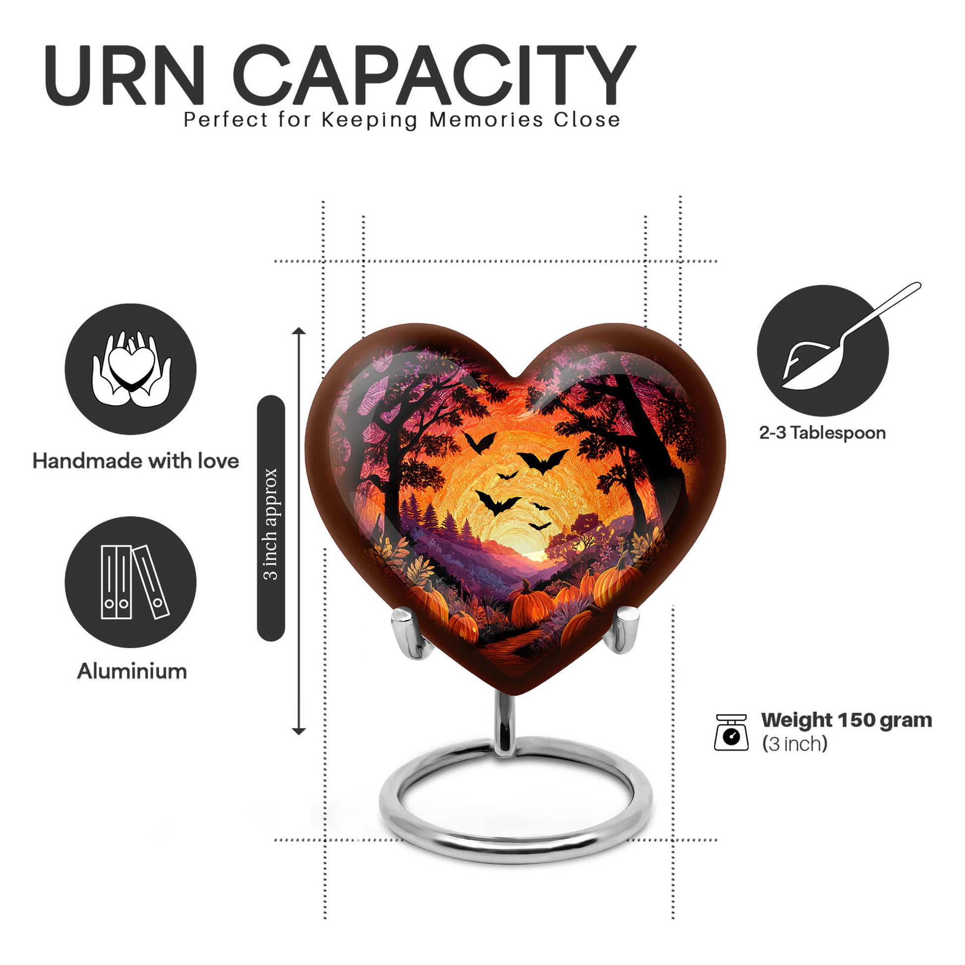 Deep Black Halloween Cremation Urn front view showing detailed design - loving heart memorial featuring halloween pattern - mini keepsake memorial for portion of cremation ashes