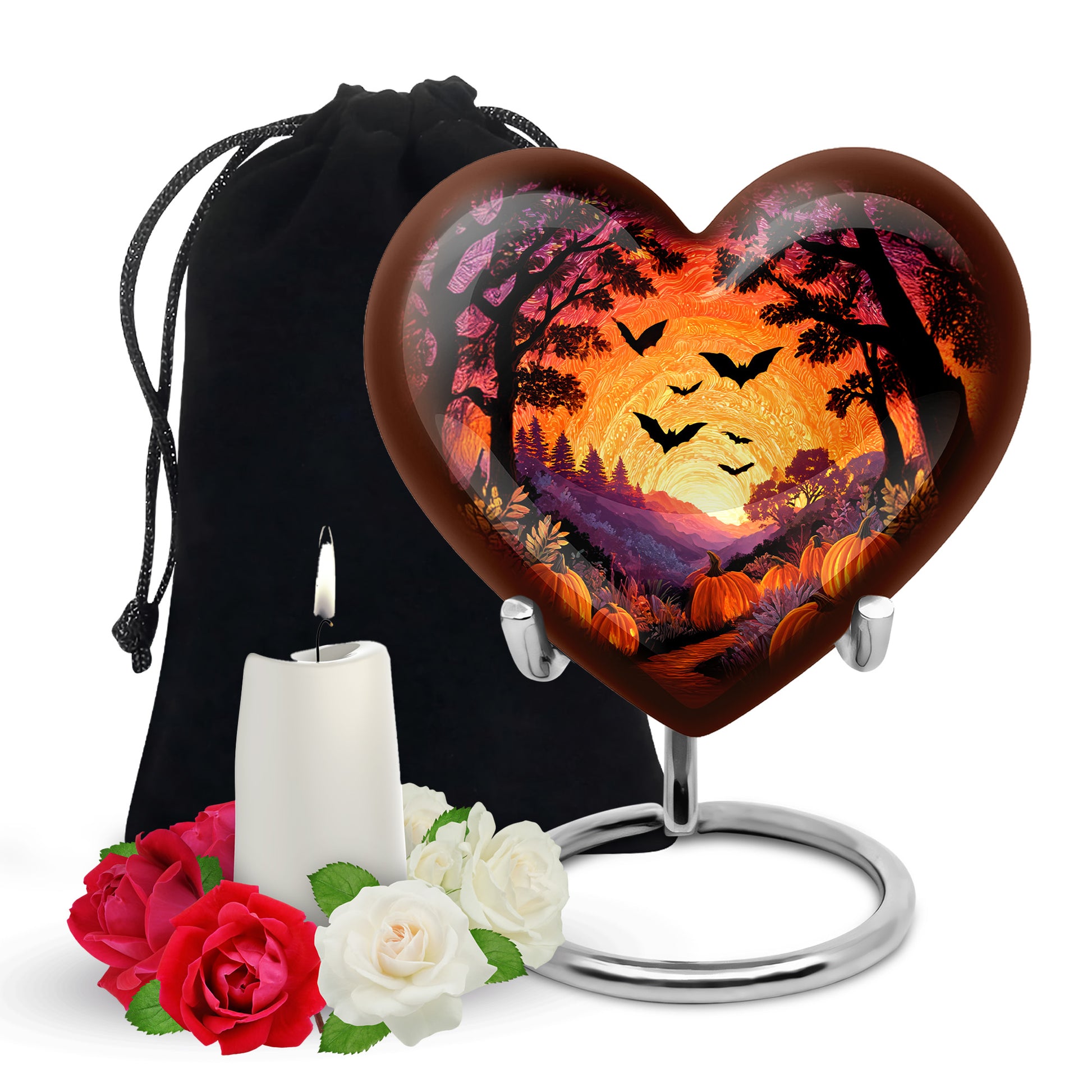 Deep Black Halloween Cremation Urn detail view - heart-shaped halloween design symbolizing eternal love - full-size 10 inch 200 cubic inch adult cremation urn