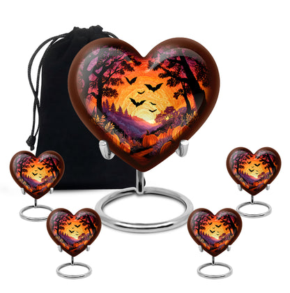 Jet Black Halloween Cremation Urn close-up of engraving and surface detail - loving heart memorial featuring halloween pattern - memorial set with one large and four small urns