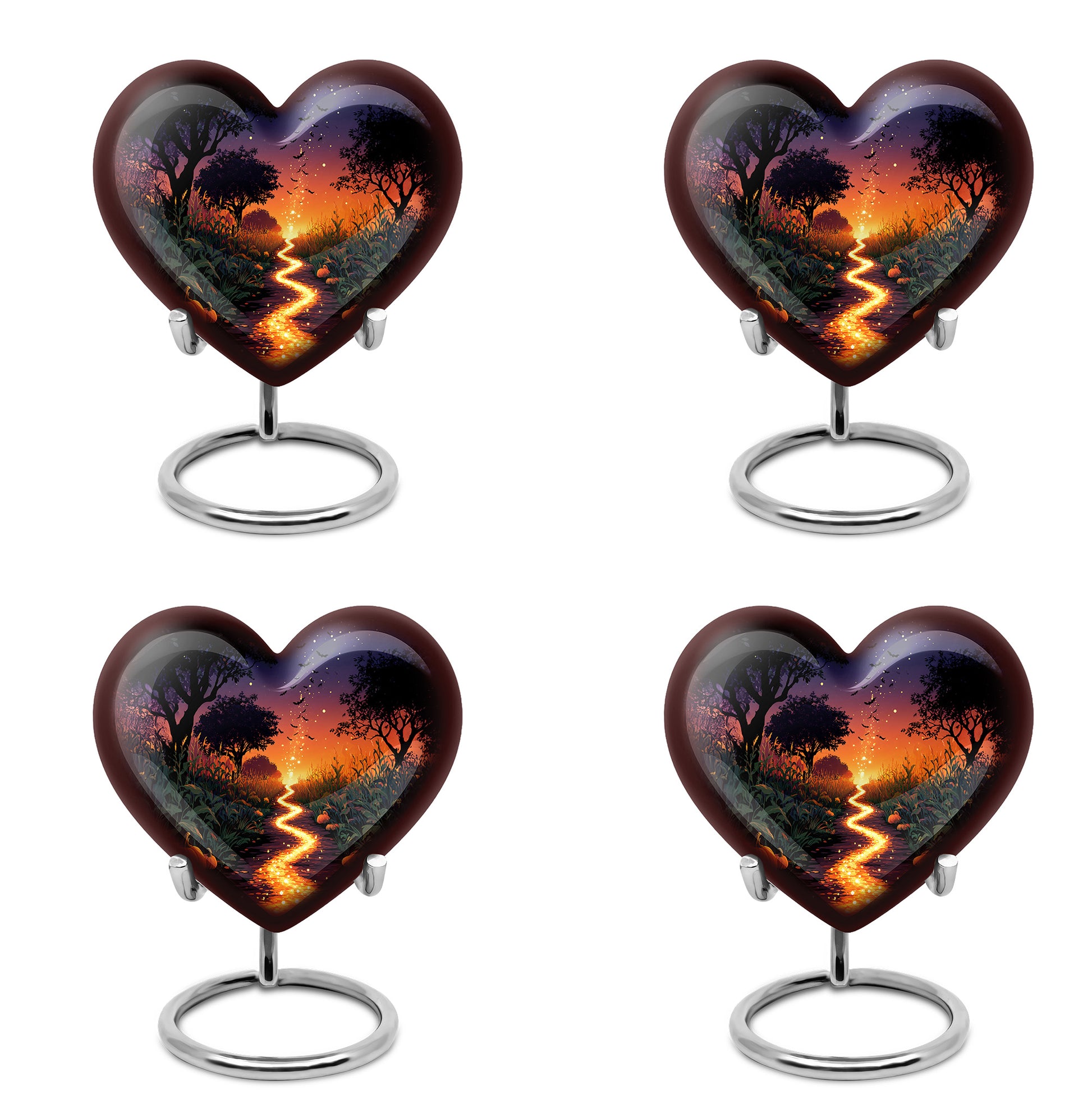 Royal Blue Halloween Cremation Urn angled view of lid and engraved motif - romantic heart urn with halloween motif on aluminum - 10 inch aluminum urn for cremated remains