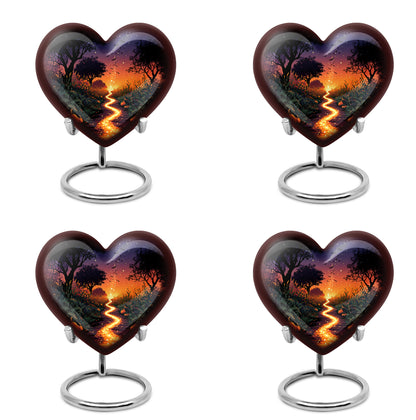 Royal Blue Halloween Cremation Urn angled view of lid and engraved motif - romantic heart urn with halloween motif on aluminum - 10 inch aluminum urn for cremated remains