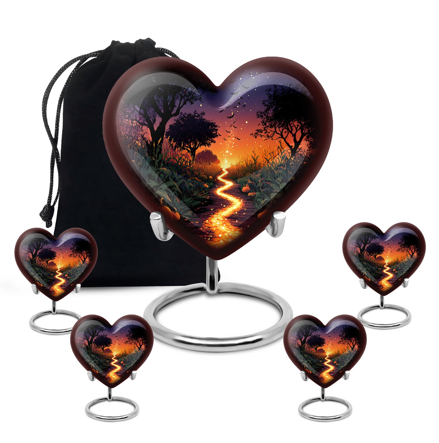 Steel Blue Halloween Cremation Urn close-up of engraving and surface detail - romantic heart urn with halloween motif on aluminum - memorial set with one large and four small urns