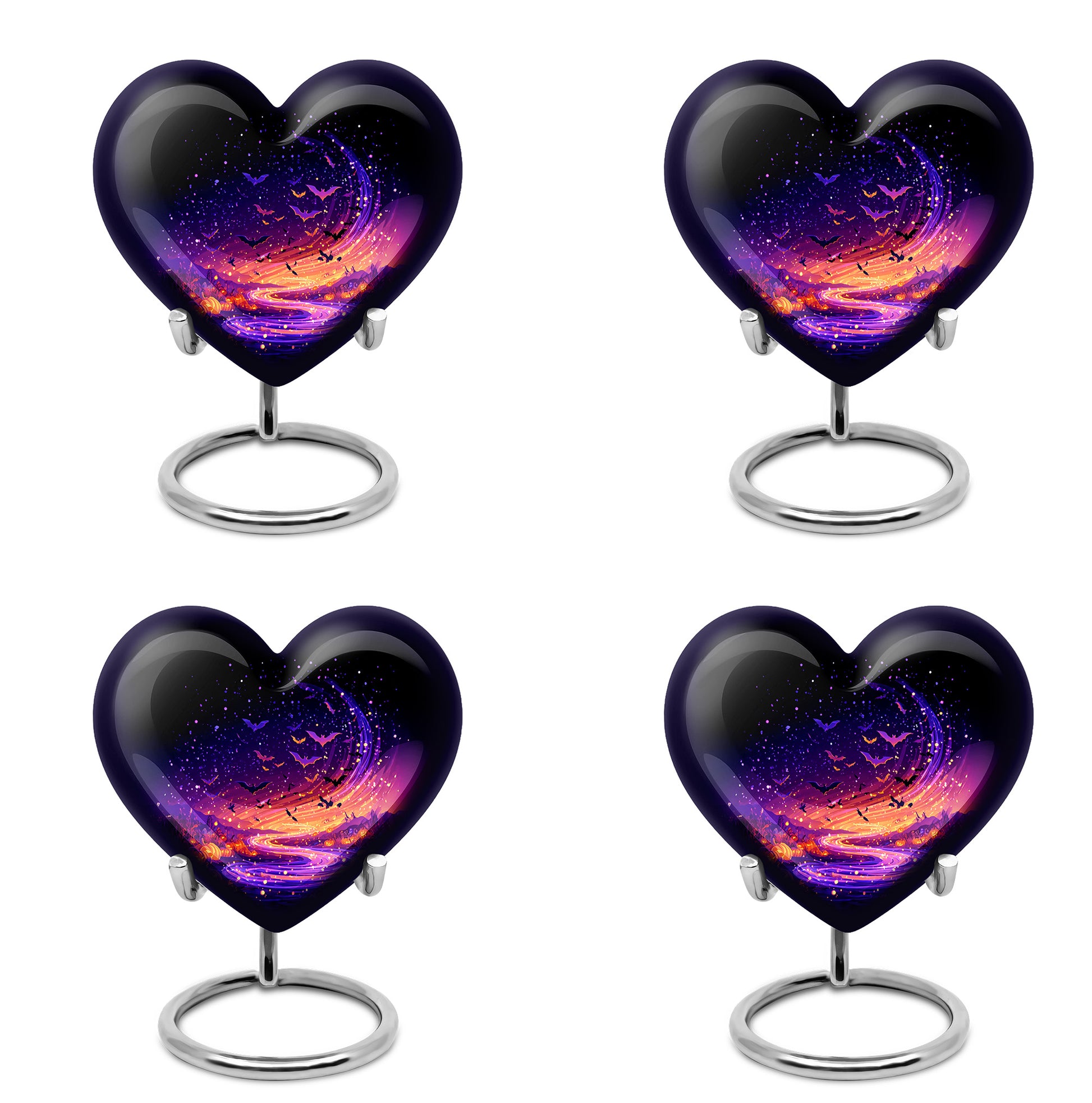 Onyx Black Halloween Cremation Urn angled view of lid and engraved motif - romantic heart urn with halloween motif on aluminum - 10 inch aluminum urn for cremated remains