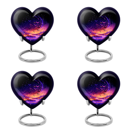Onyx Black Halloween Cremation Urn angled view of lid and engraved motif - romantic heart urn with halloween motif on aluminum - 10 inch aluminum urn for cremated remains