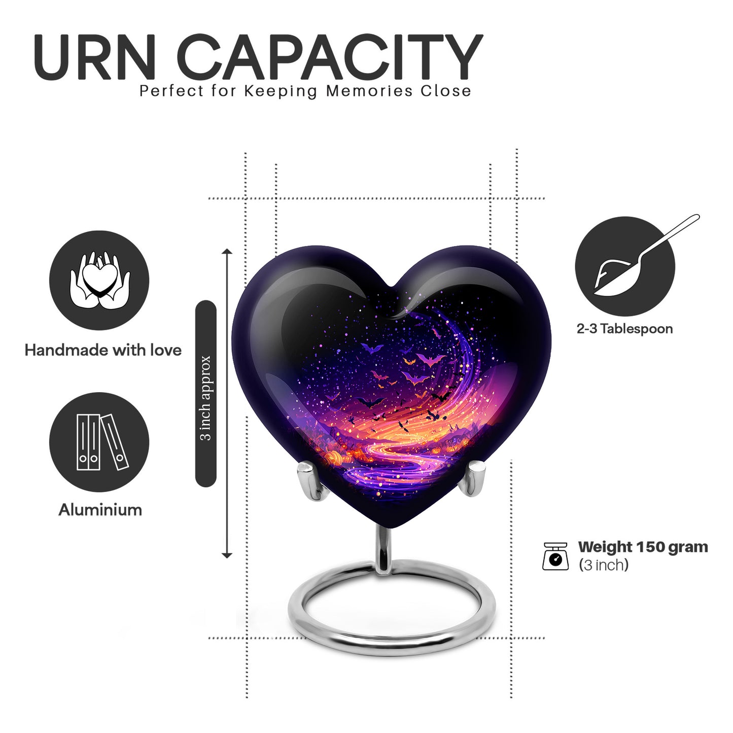 Rich Black Halloween Cremation Urn front view showing detailed design - heart-shaped halloween design symbolizing eternal love - mini keepsake memorial for portion of cremation ashes