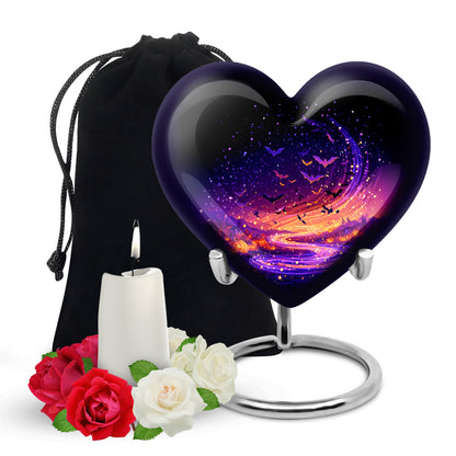 Deep Black Halloween Cremation Urn detail view - heart-shaped halloween design symbolizing eternal love - full-size 10 inch 200 cubic inch adult cremation urn