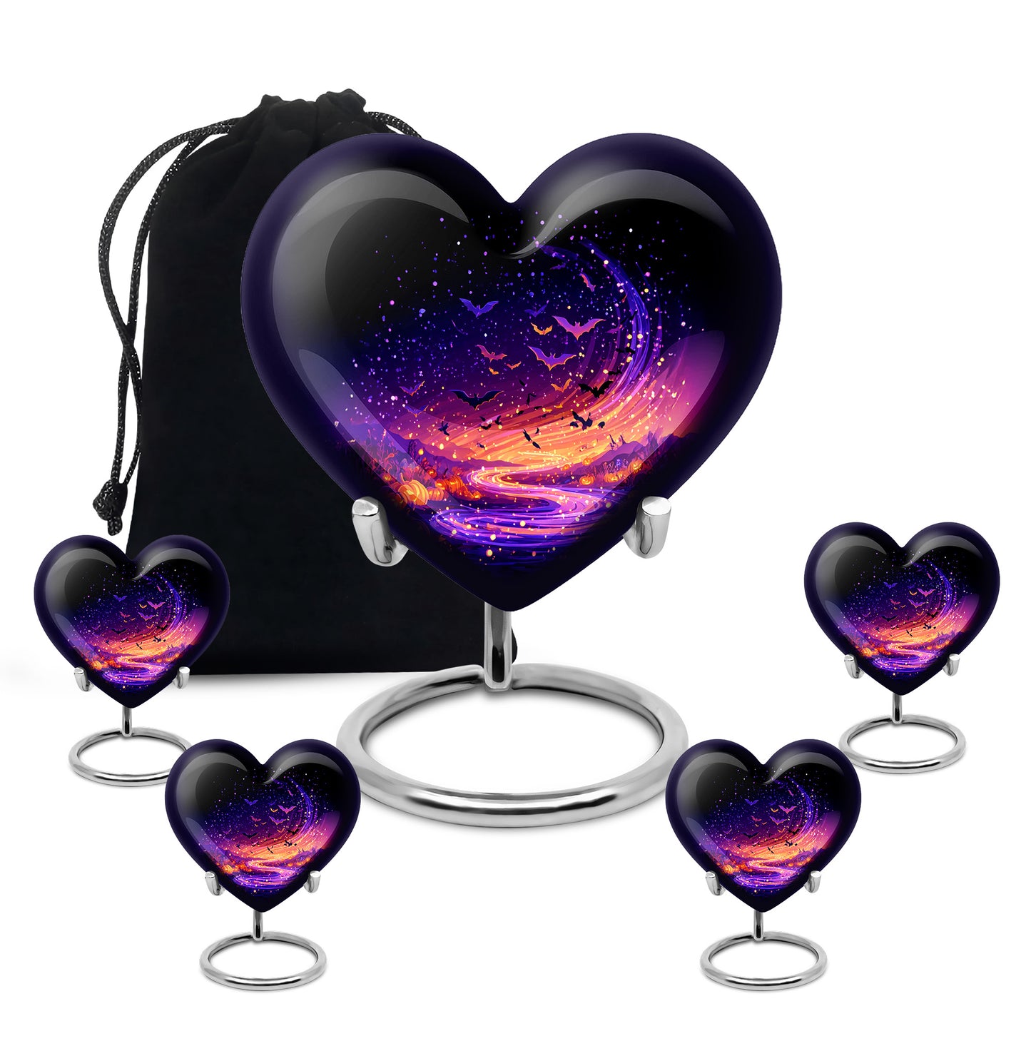 Dark Black Halloween Cremation Urn close-up of engraving and surface detail - compassionate heart-halloween combination with gentle curves - memorial set with one large and four small urns