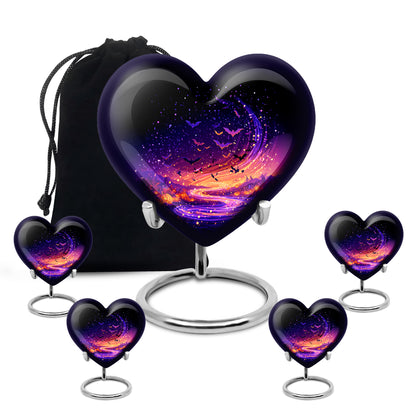 Dark Black Halloween Cremation Urn close-up of engraving and surface detail - compassionate heart-halloween combination with gentle curves - memorial set with one large and four small urns