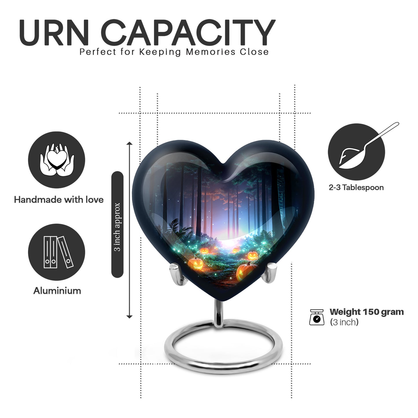 Rich Black Halloween Cremation Urn front view showing detailed design - heart-shaped halloween design symbolizing eternal love - mini keepsake memorial for portion of cremation ashes