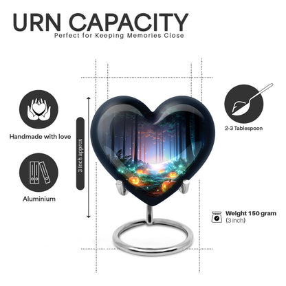 Rich Black Halloween Cremation Urn front view showing detailed design - heart-shaped halloween design symbolizing eternal love - mini keepsake memorial for portion of cremation ashes