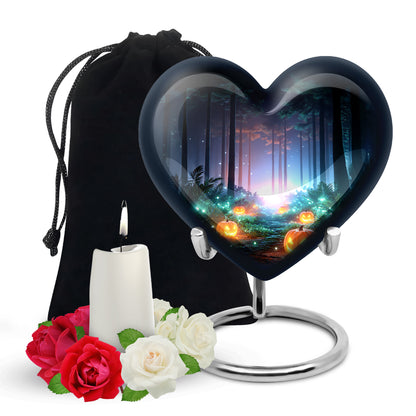 Midnight Black Halloween Cremation Urn detail view - romantic heart urn with halloween motif on aluminum - full-size 10 inch 200 cubic inch adult cremation urn
