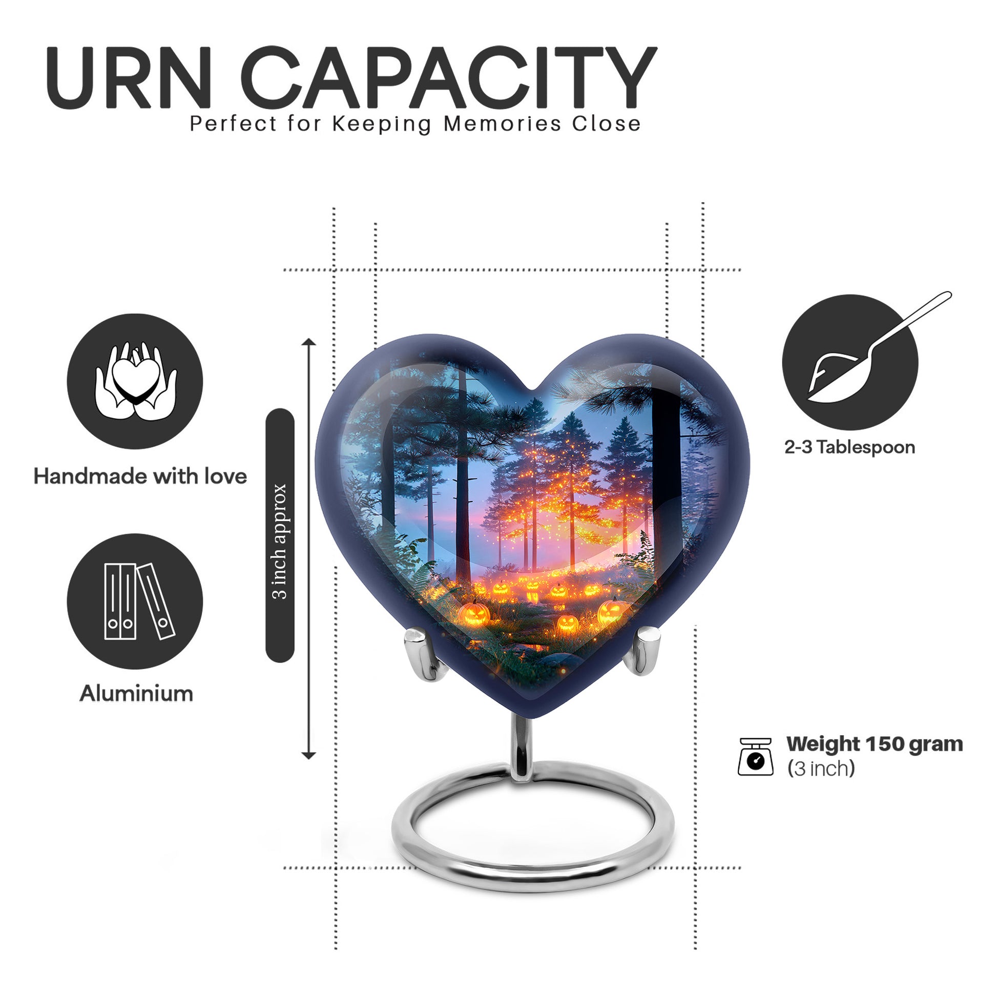 Calming Blue Halloween Cremation Urn front view showing detailed design - romantic heart urn with halloween motif on aluminum - mini keepsake memorial for portion of cremation ashes