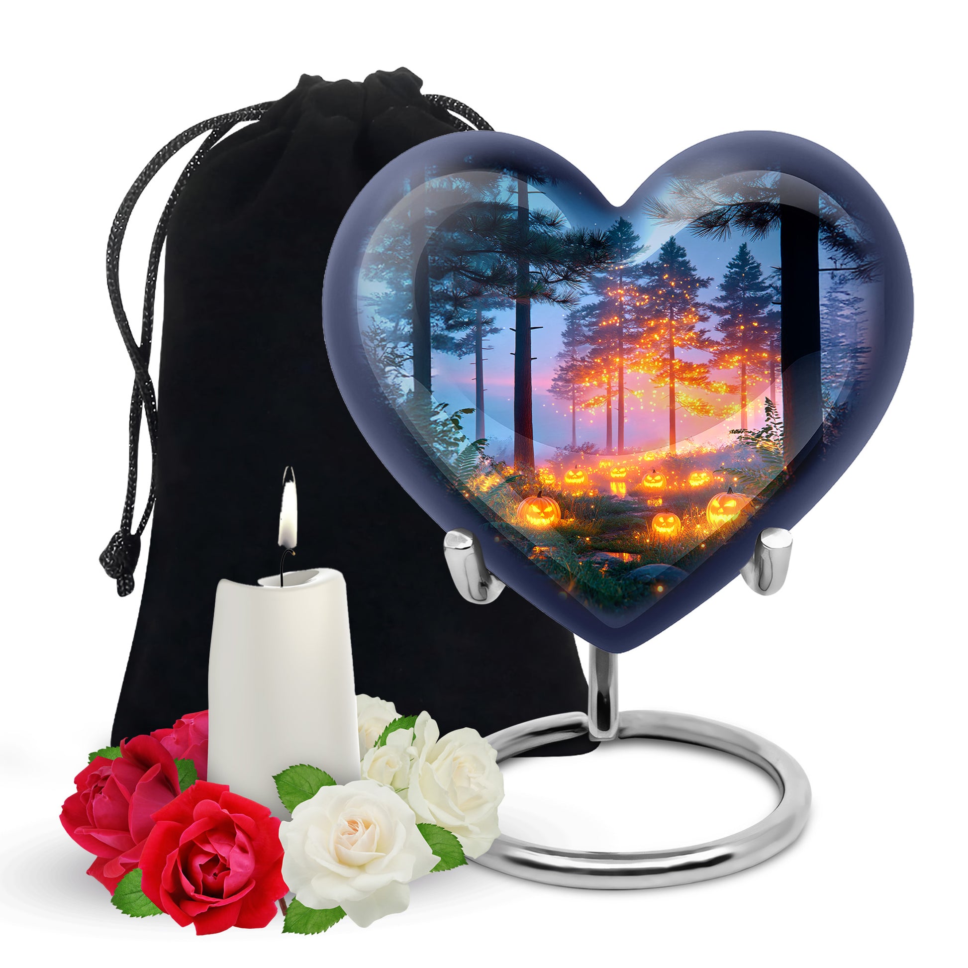 Celestial Blue Halloween Cremation Urn detail view - heart-shaped halloween design symbolizing eternal love - full-size 10 inch 200 cubic inch adult cremation urn