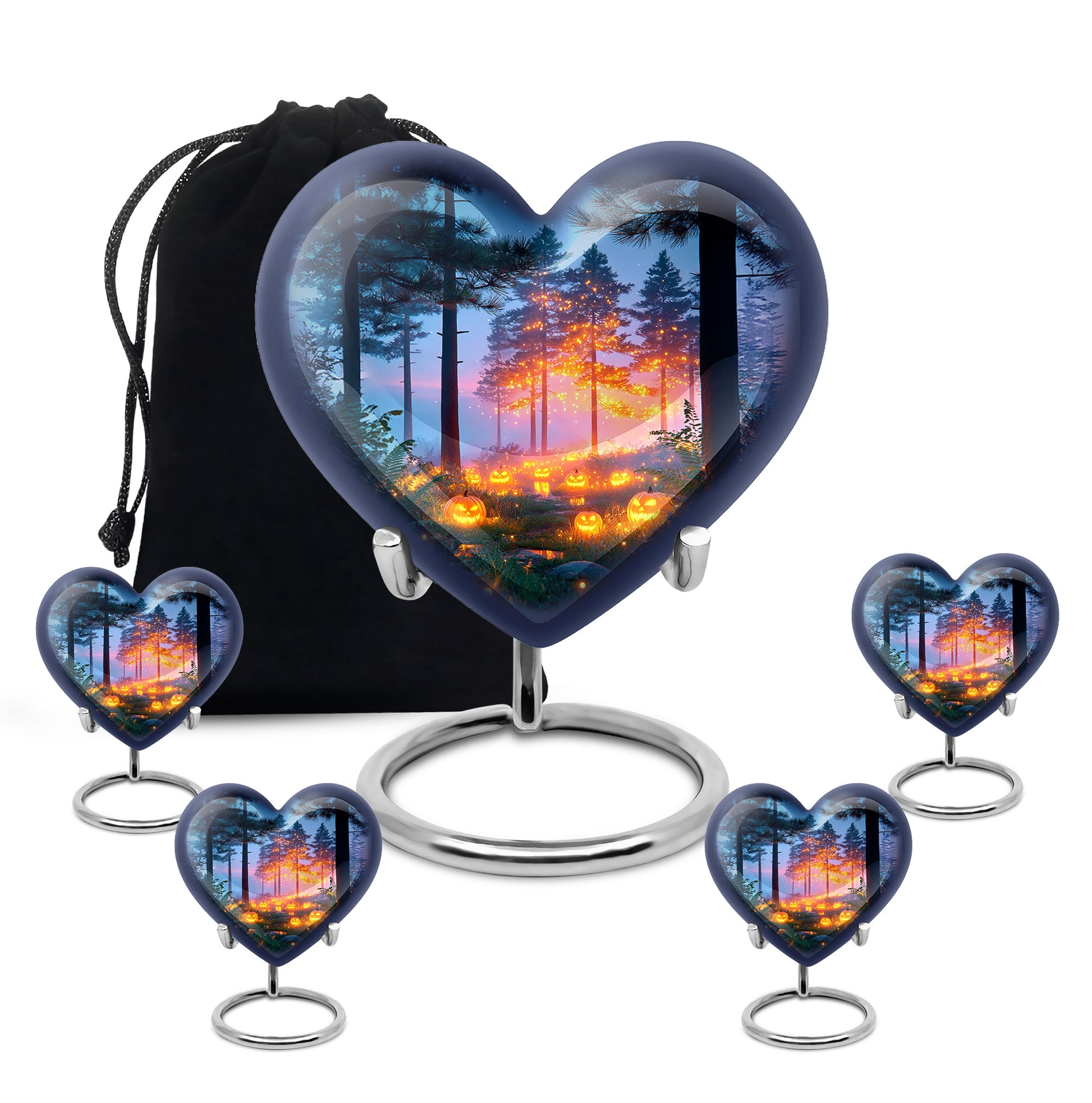 Sapphire Blue Halloween Cremation Urn close-up of engraving and surface detail - compassionate heart-halloween combination with gentle curves - memorial set with one large and four small urns