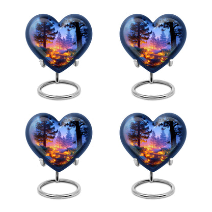 Vivid Blue Halloween Cremation Urn angled view of lid and engraved motif - compassionate heart-halloween combination with gentle curves - 10 inch aluminum urn for cremated remains
