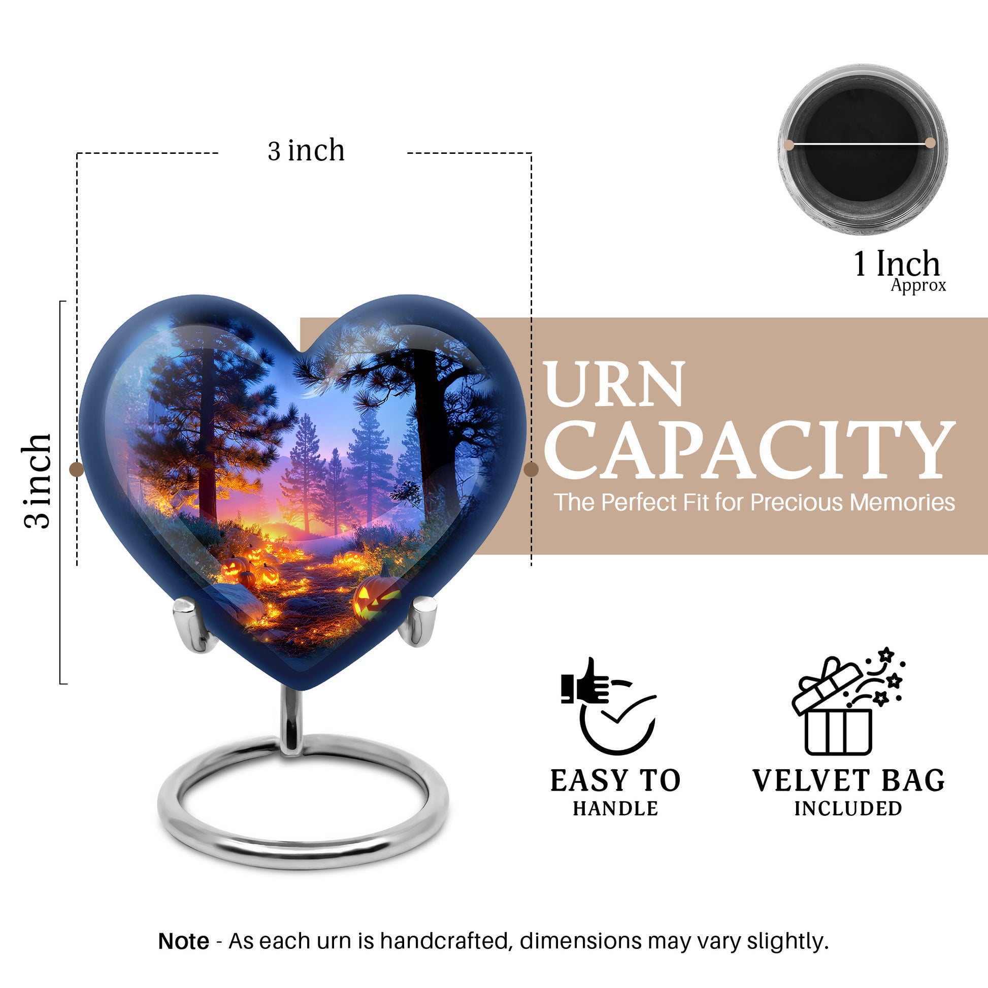 Cobalt Blue Halloween Cremation Urn front view showing detailed design - romantic heart urn with halloween motif on aluminum - mini keepsake memorial for portion of cremation ashes