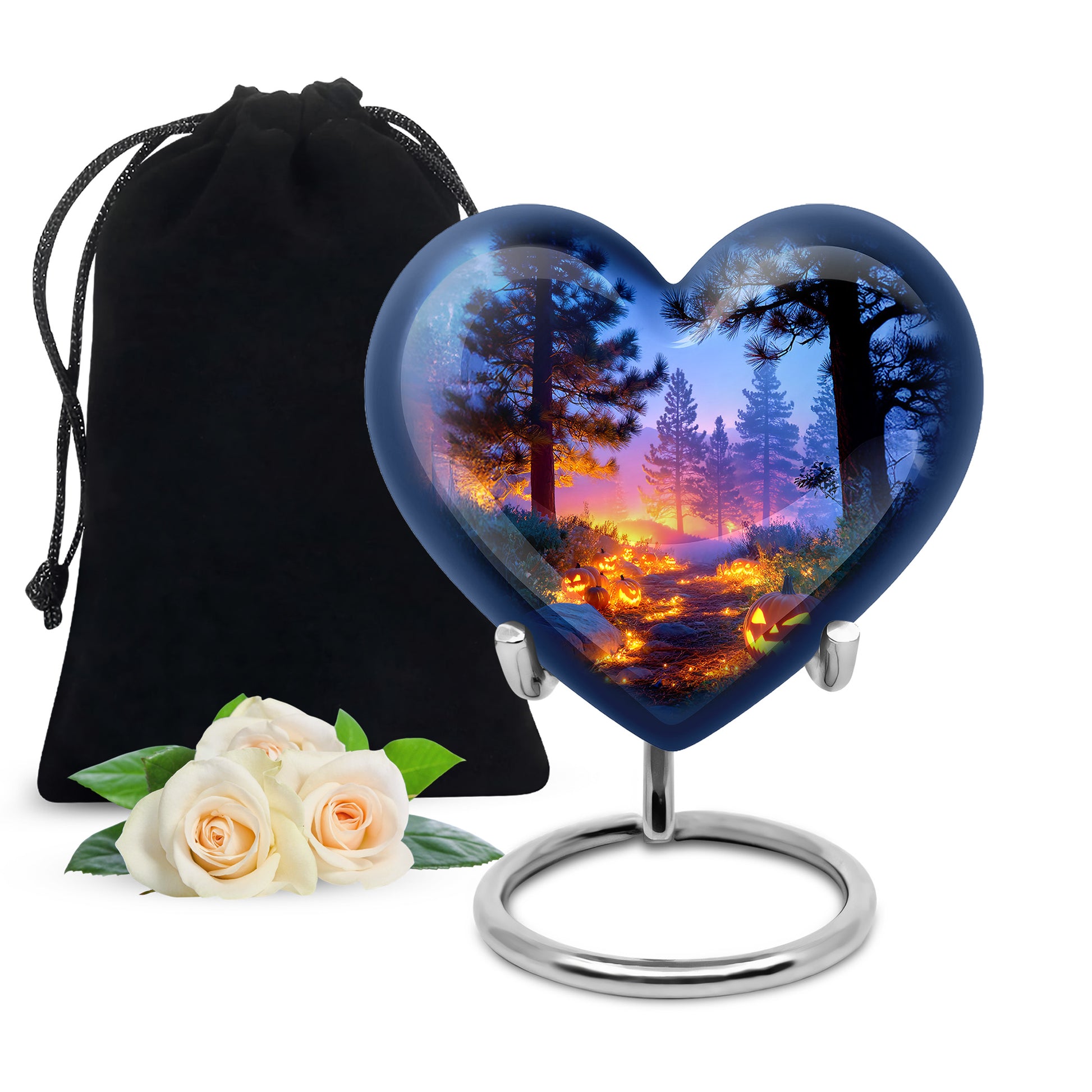 Celestial Blue Halloween Cremation Urn detail view - heart-shaped halloween design symbolizing eternal love - full-size 10 inch 200 cubic inch adult cremation urn