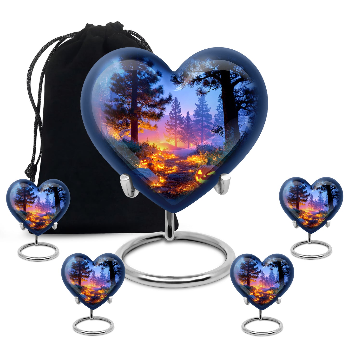 Icy Blue Halloween Cremation Urn close-up of engraving and surface detail - heart-shaped halloween design symbolizing eternal love - memorial set with one large and four small urns