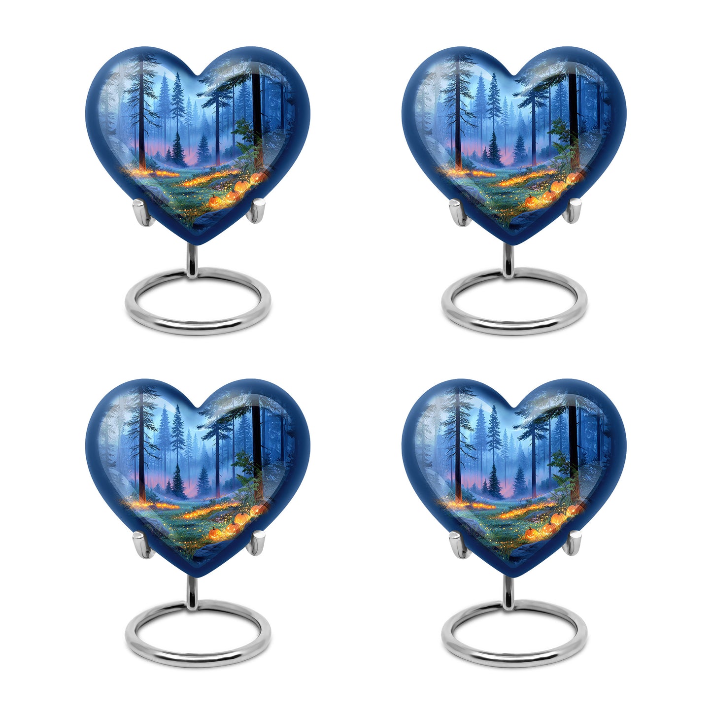 Sapphire Blue Halloween Cremation Urn angled view of lid and engraved motif - compassionate heart-halloween combination with gentle curves - 10 inch aluminum urn for cremated remains