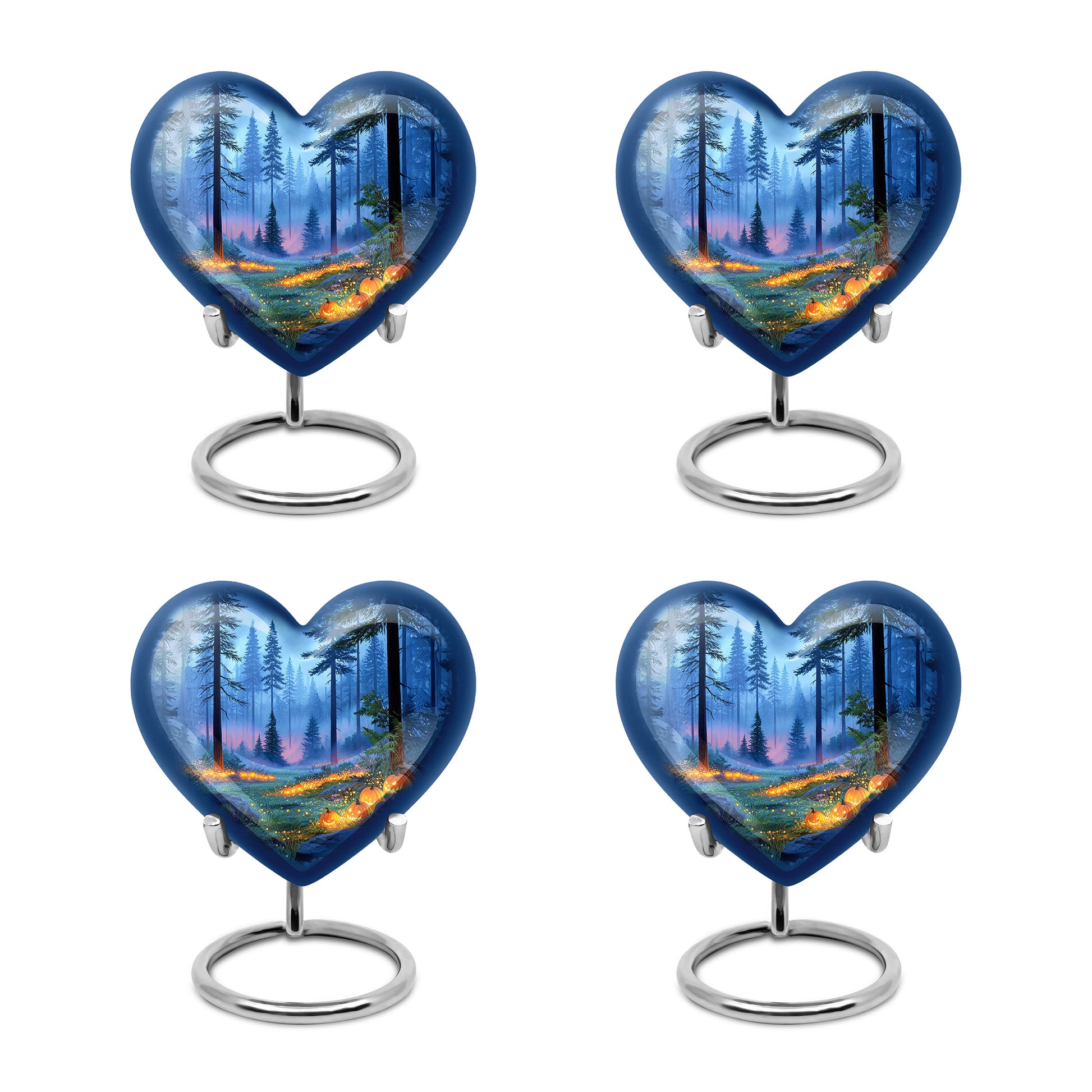 Sapphire Blue Halloween Cremation Urn angled view of lid and engraved motif - compassionate heart-halloween combination with gentle curves - 10 inch aluminum urn for cremated remains