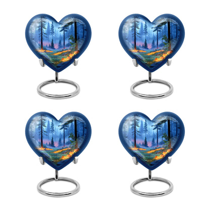 Sapphire Blue Halloween Cremation Urn angled view of lid and engraved motif - compassionate heart-halloween combination with gentle curves - 10 inch aluminum urn for cremated remains
