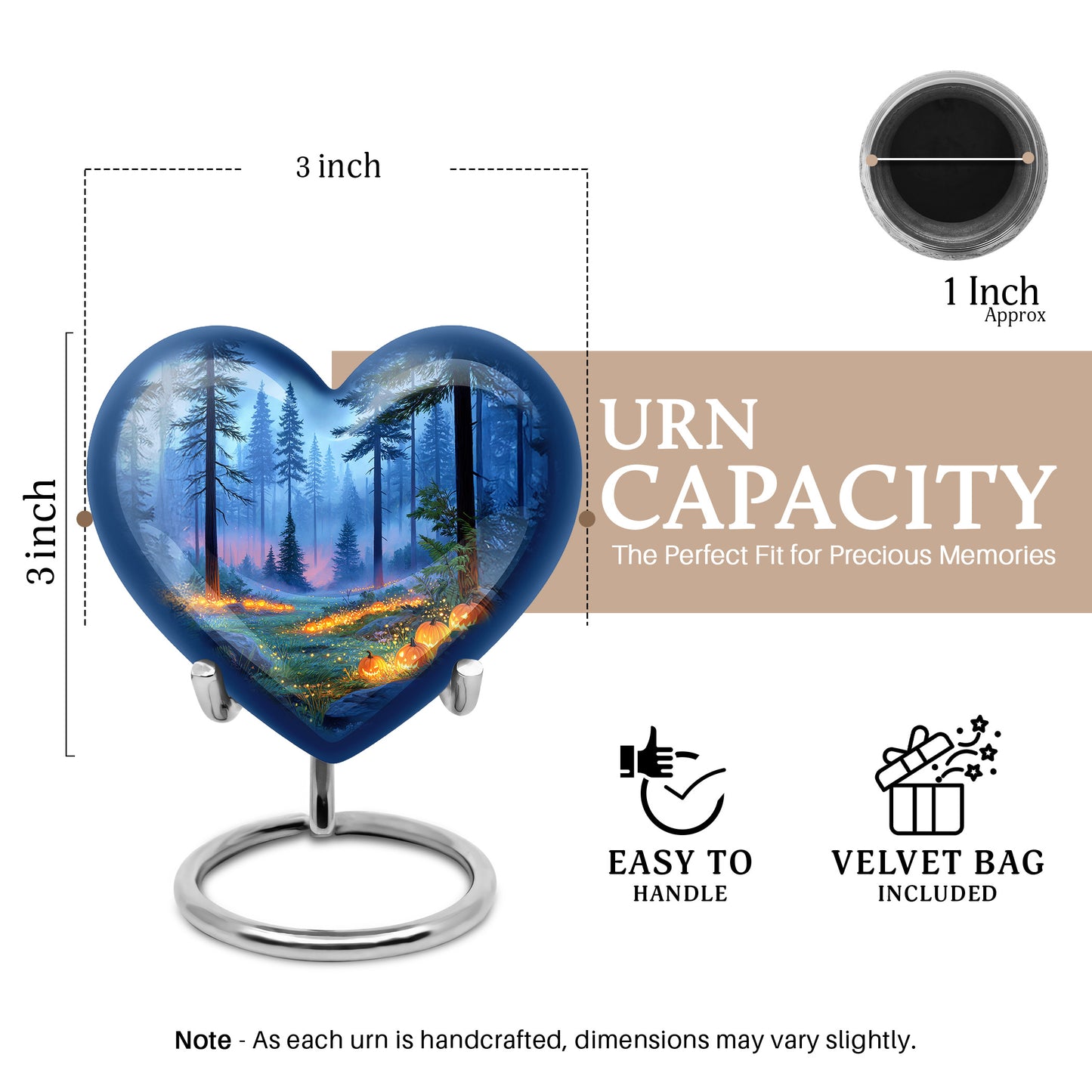 Soft Blue Halloween Cremation Urn front view showing detailed design - romantic heart urn with halloween motif on aluminum - mini keepsake memorial for portion of cremation ashes