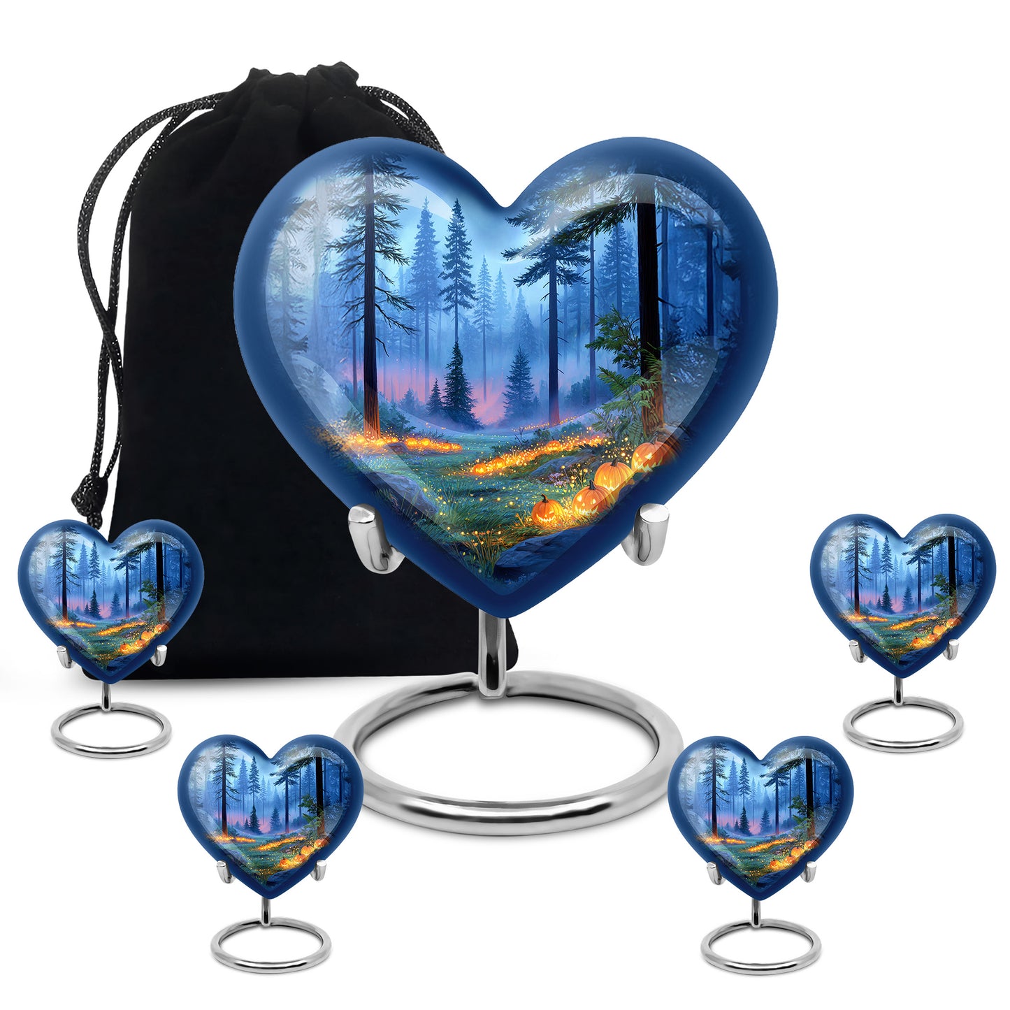 Calming Blue Halloween Cremation Urn close-up of engraving and surface detail - compassionate heart-halloween combination with gentle curves - memorial set with one large and four small urns