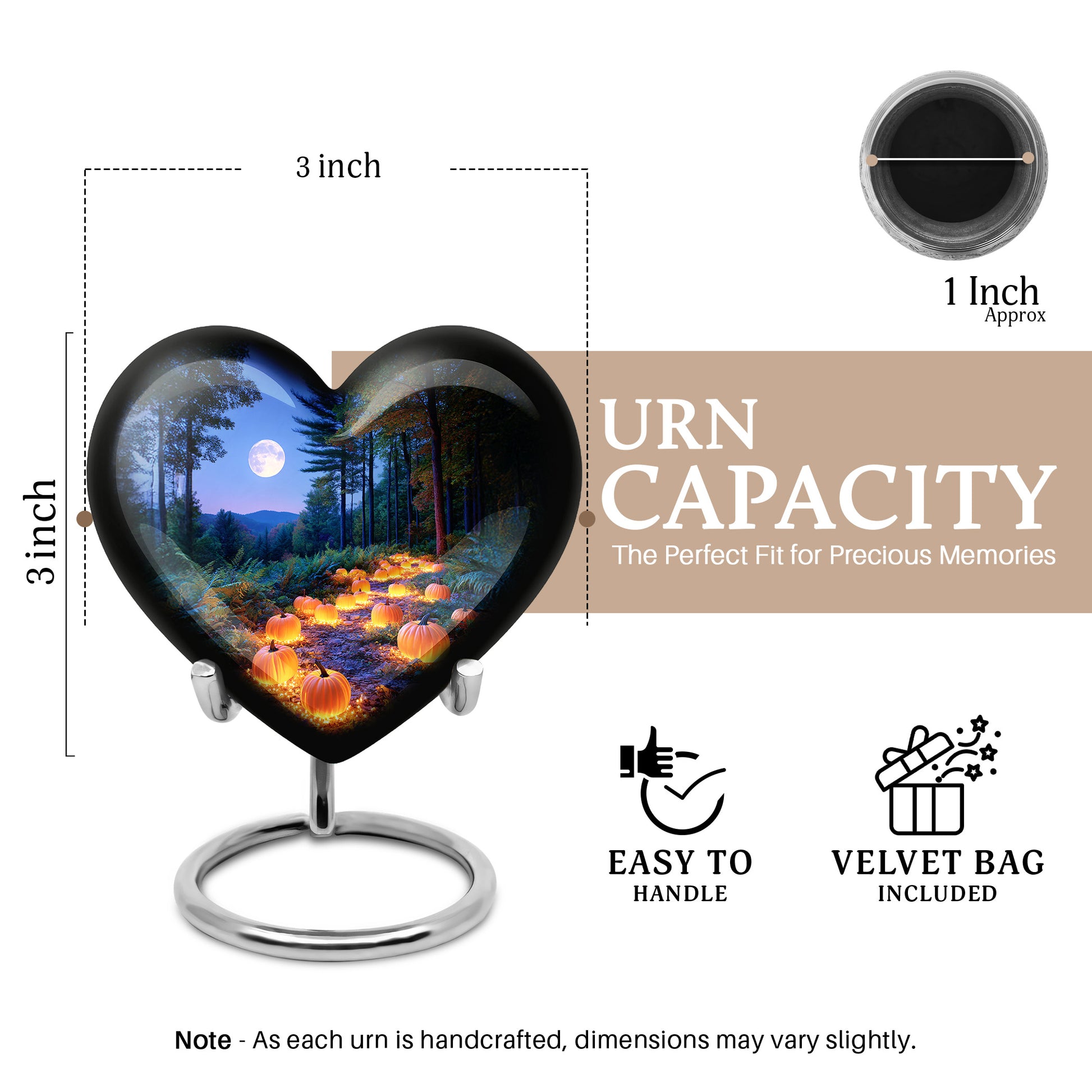 Calming Blue Halloween Cremation Urn front view showing detailed design - compassionate heart-halloween combination with gentle curves - mini keepsake memorial for portion of cremation ashes