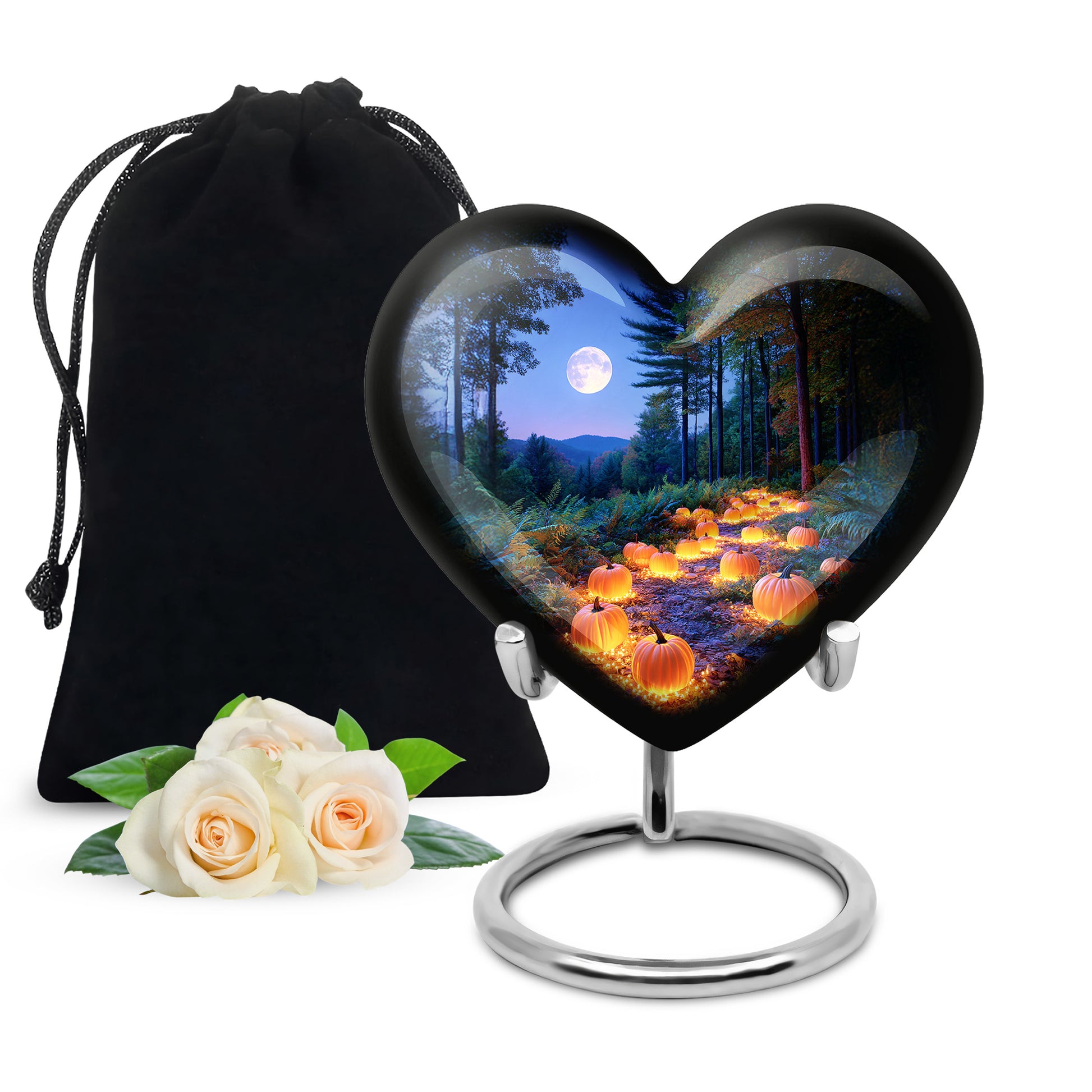 Vivid Blue Halloween Cremation Urn detail view - romantic heart urn with halloween motif on aluminum - full-size 10 inch 200 cubic inch adult cremation urn