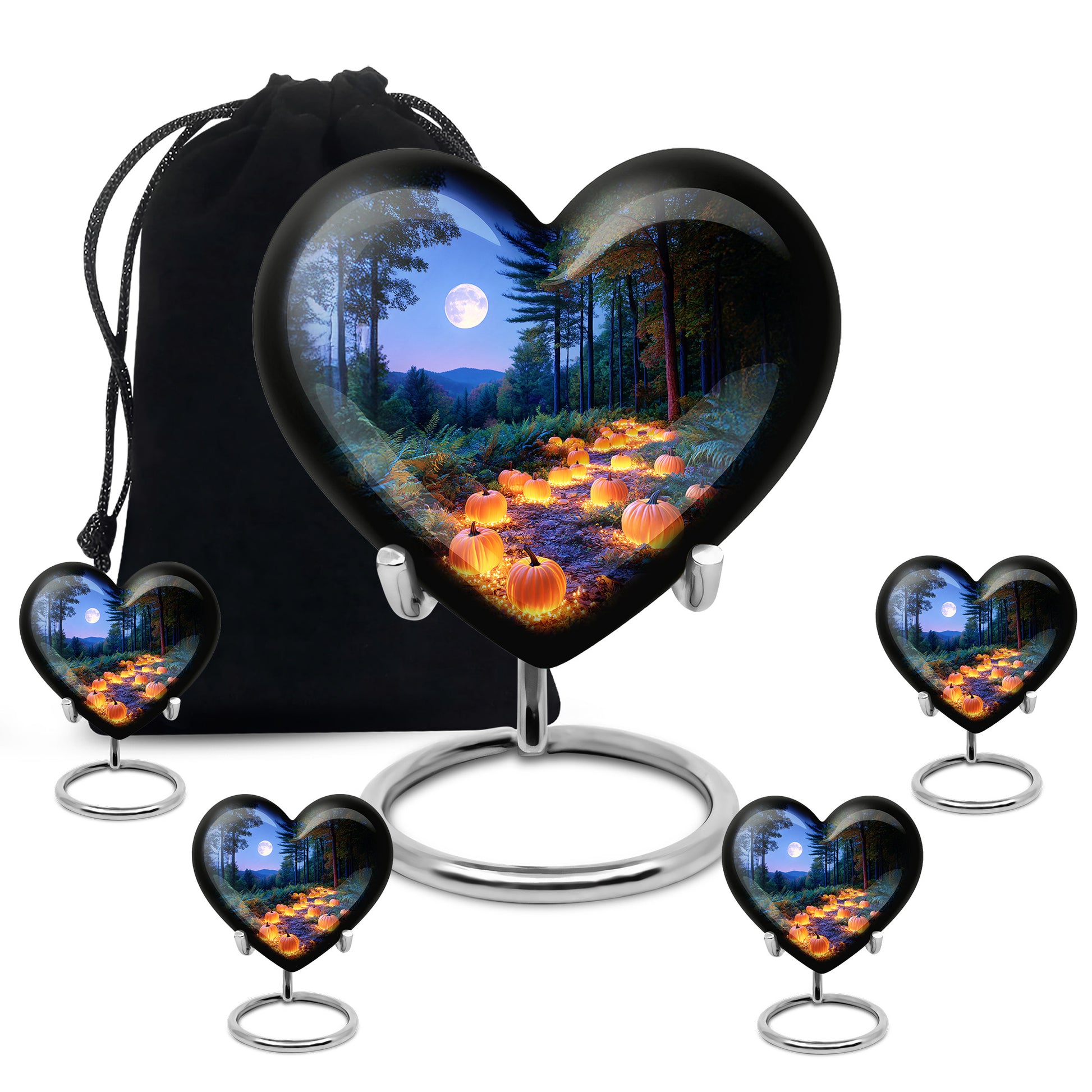 Cobalt Blue Halloween Cremation Urn close-up of engraving and surface detail - romantic heart urn with halloween motif on aluminum - memorial set with one large and four small urns
