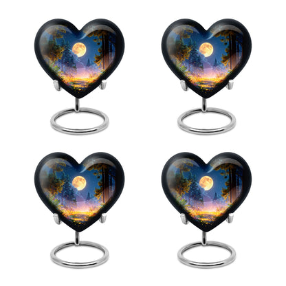 Ebony Halloween Cremation Urn angled view of lid and engraved motif - heart-shaped halloween design symbolizing eternal love - 10 inch aluminum urn for cremated remains