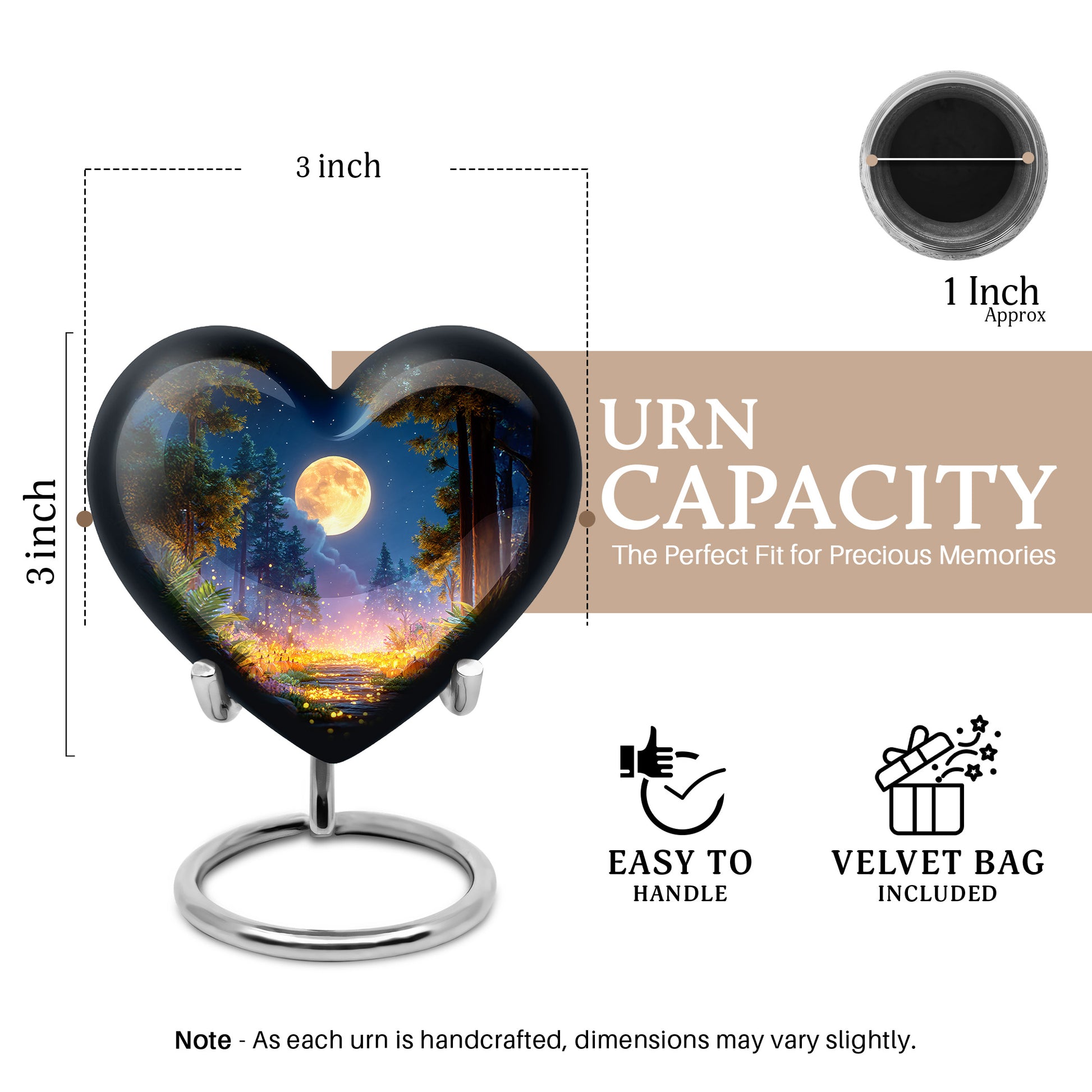Midnight Black Halloween Cremation Urn front view showing detailed design - romantic heart urn with halloween motif on aluminum - mini keepsake memorial for portion of cremation ashes