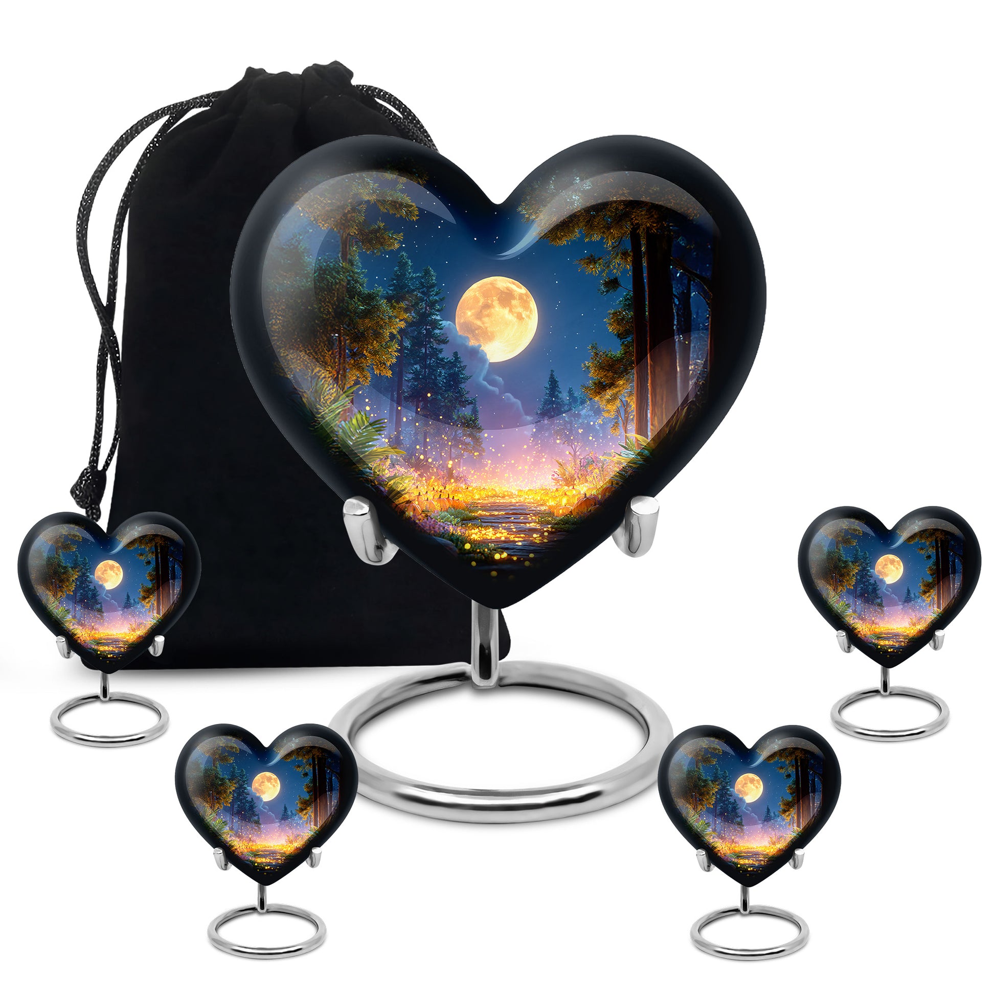 Deep Black Halloween Cremation Urn close-up of engraving and surface detail - loving heart memorial featuring halloween pattern - memorial set with one large and four small urns