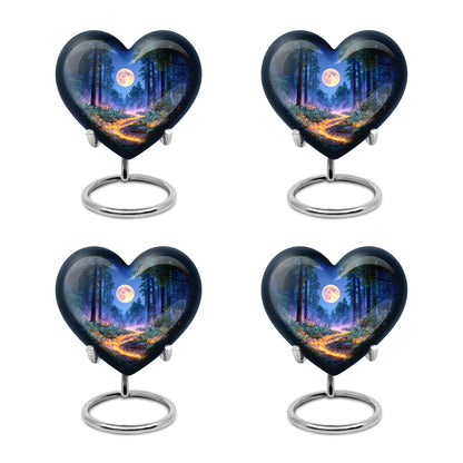 Cornflower Blue Halloween Cremation Urn angled view of lid and engraved motif - compassionate heart-halloween combination with gentle curves - 10 inch aluminum urn for cremated remains