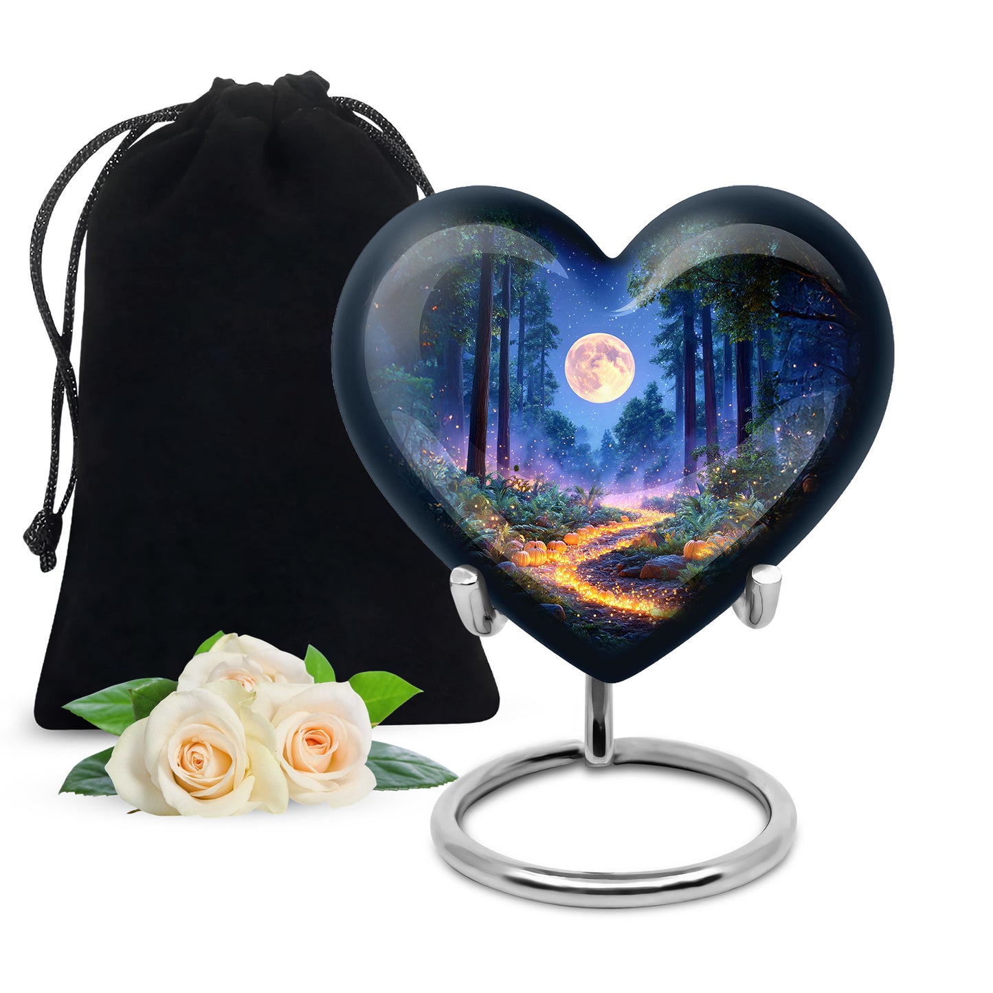 Sapphire Blue Halloween Cremation Urn detail view - romantic heart urn with halloween motif on aluminum - full-size 10 inch 200 cubic inch adult cremation urn