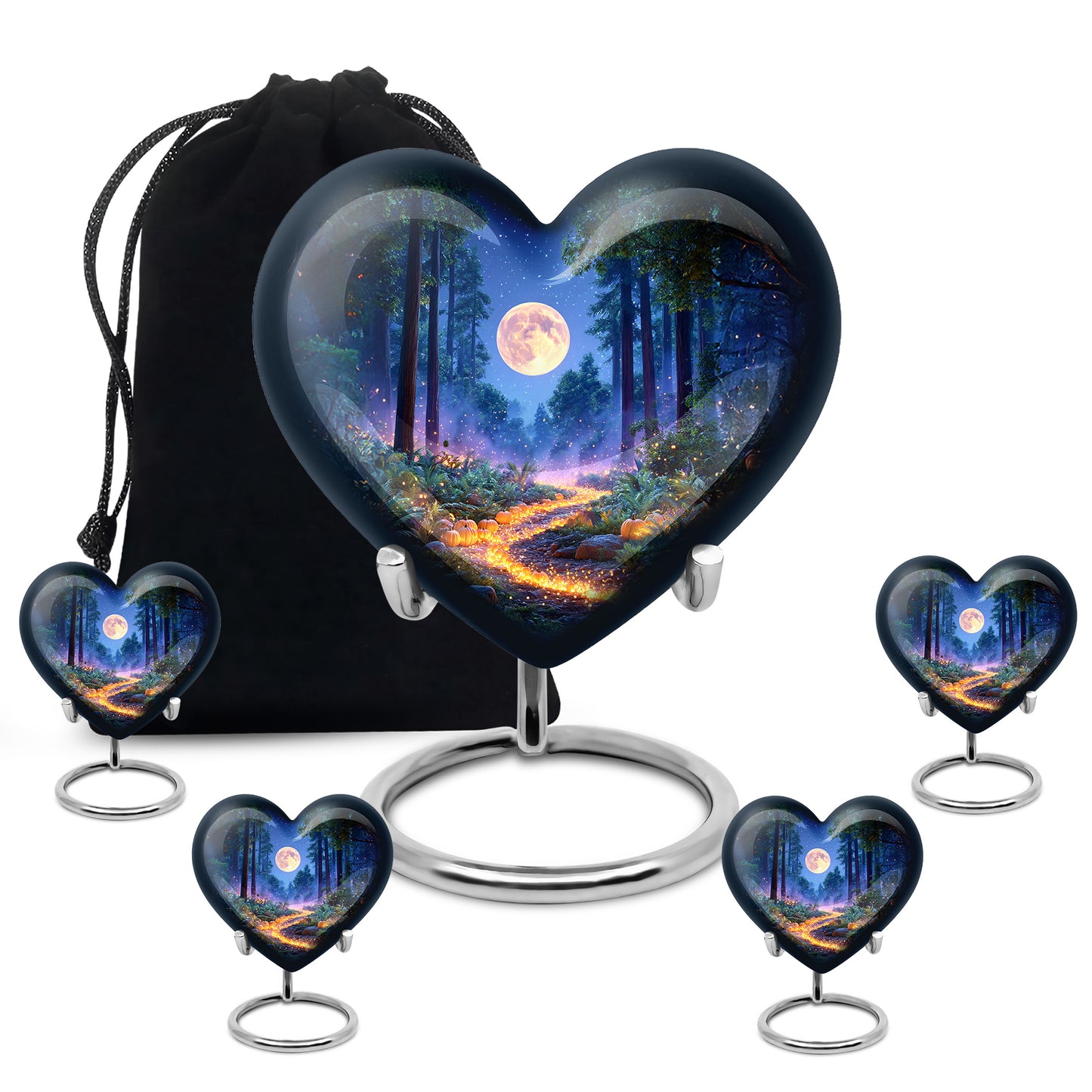 Navy Blue Halloween Cremation Urn close-up of engraving and surface detail - loving heart memorial featuring halloween pattern - memorial set with one large and four small urns