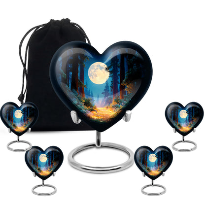 Sapphire Blue Halloween Cremation Urn close-up of engraving and surface detail - romantic heart urn with halloween motif on aluminum - memorial set with one large and four small urns