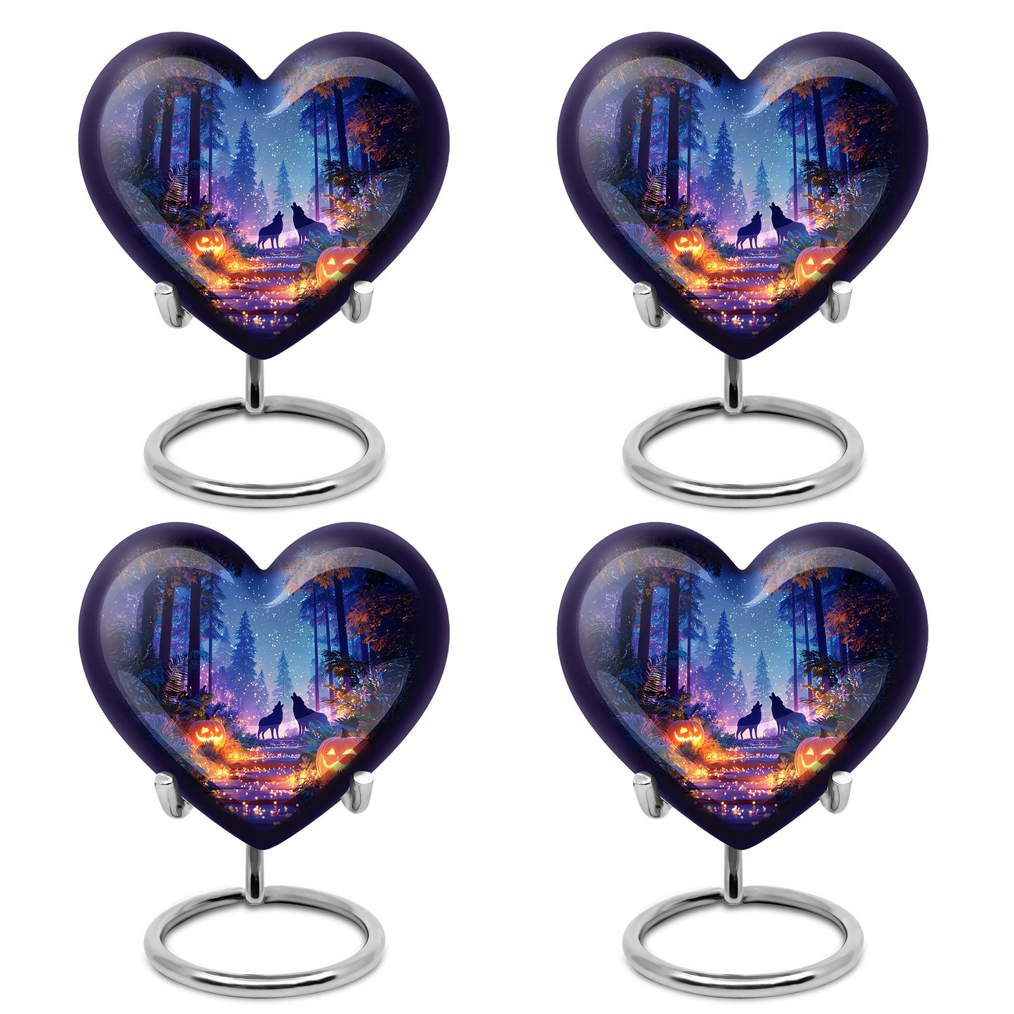 Serene Blue Halloween Cremation Urn angled view of lid and engraved motif - romantic heart urn with halloween motif on aluminum - 10 inch aluminum urn for cremated remains